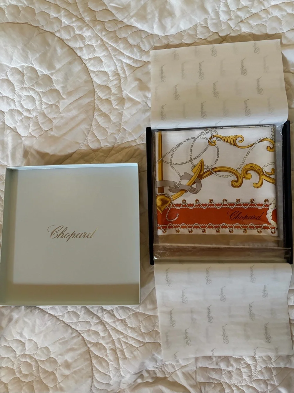 Chopard Nautical Print Square Silk Scarf in White, Orange, Gold - Picture 3 of 3